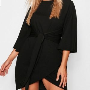 Kimono Sleeve Tie Waist Black Dress